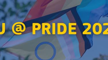 Someone holding the Progressive Pride Flag and the words "EU @ Pride 2025" over top.